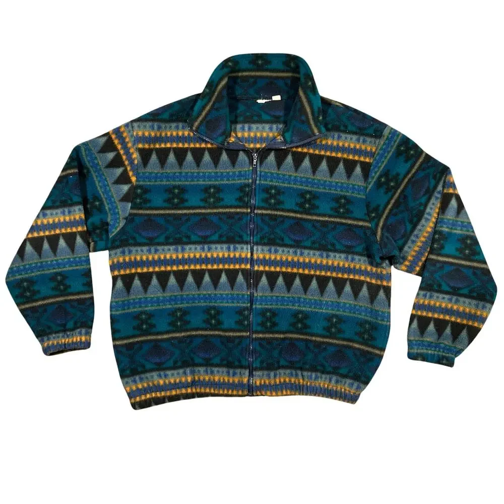 Vintage 90s Fleece Zip Jacket Mens XL Aztec Southwestern Style Gorpcore Sweater